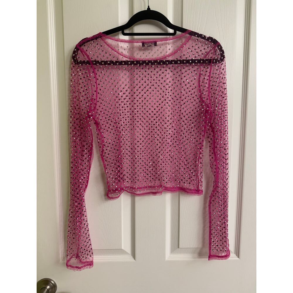 Top Chic hot pink sheer mesh long-sleeve crop top embellished rhinestones medium - Picture 3 of 5
